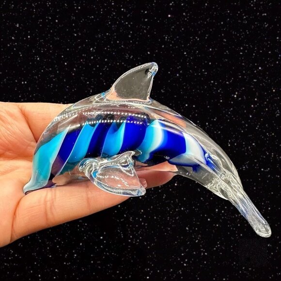 Art Glass Dolphin Blue Swirls Multicolor Paperweight Figurine 2.5”T 4.5”W - Picture 3 of 13